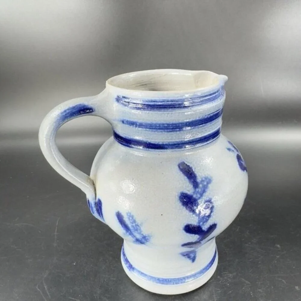 Vintage‎ German Pottery Salt Glaze Cobalt Blue Gray Glaze Pitcher Large Creamer